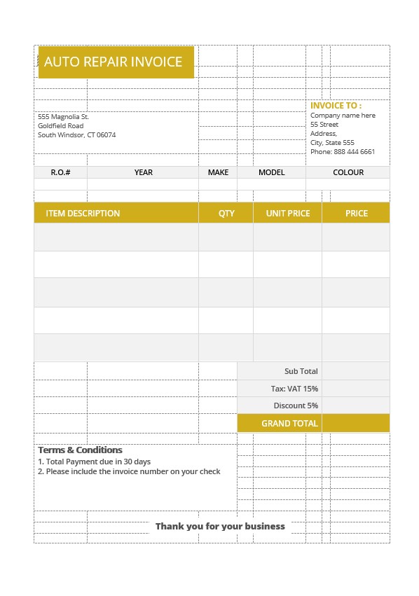 Sample Auto Repair Invoice Template PSD template